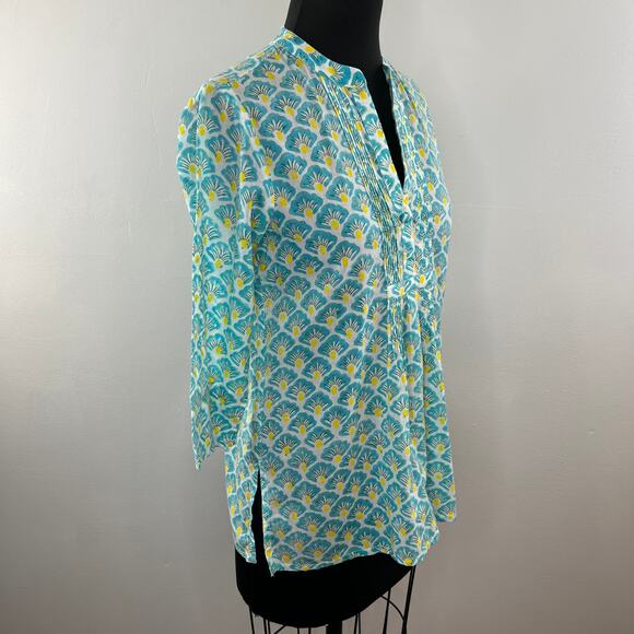 Roberta Roller Rabbit Green White Yellow Print Pintuck Cotton Tunic Top Size XS - Picture 2 of 7